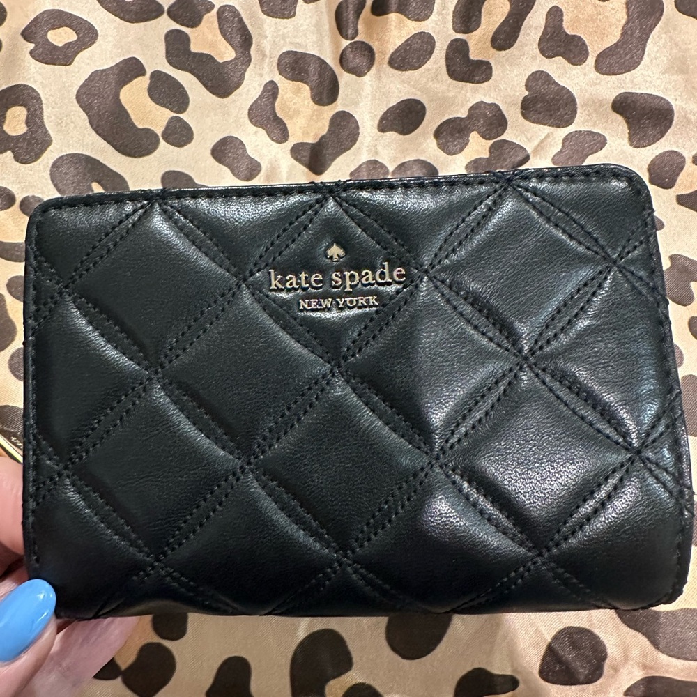 kate spade Black Quilted Leather Zip Wallet with Gold Logo